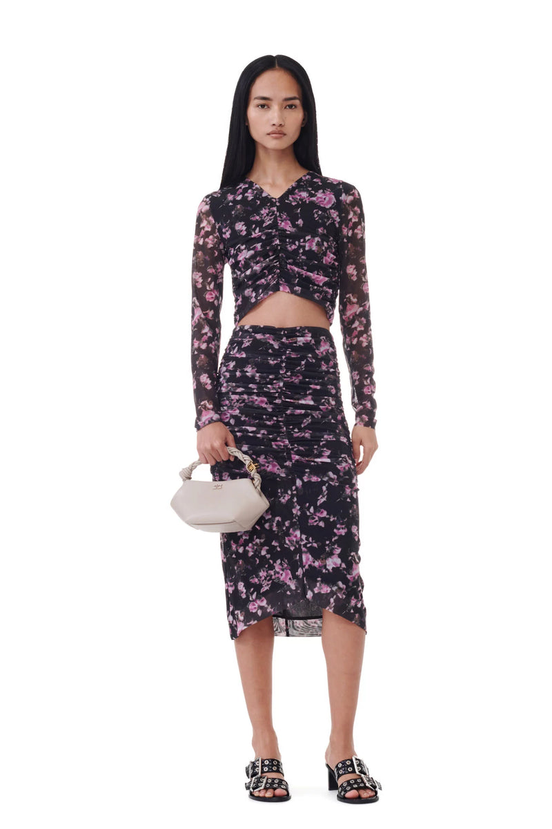 Black Floral Printed Mesh Ruched Midi Skirt Hill s Dry Goods