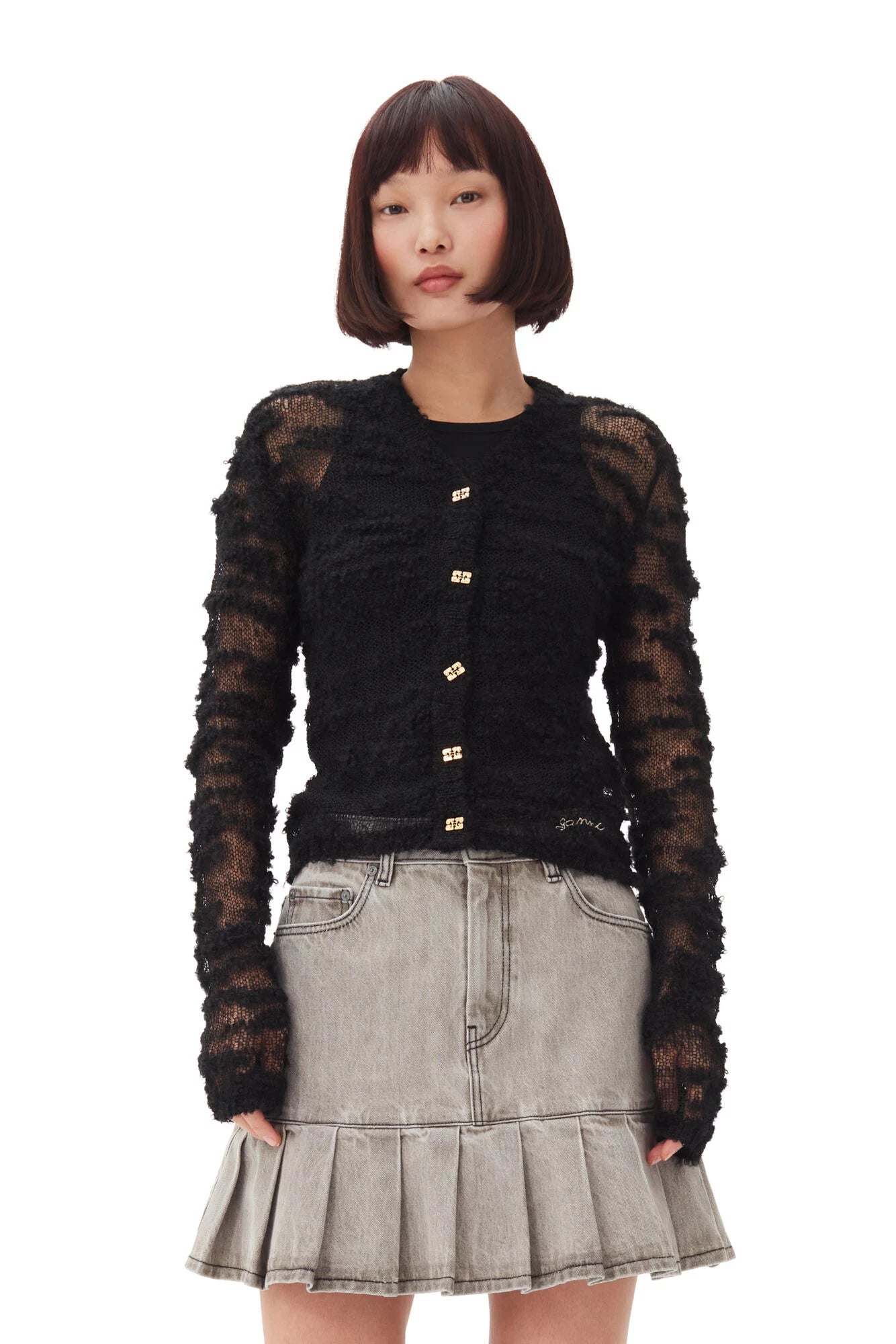 Ganni Cropped Knit Cardigan Black M