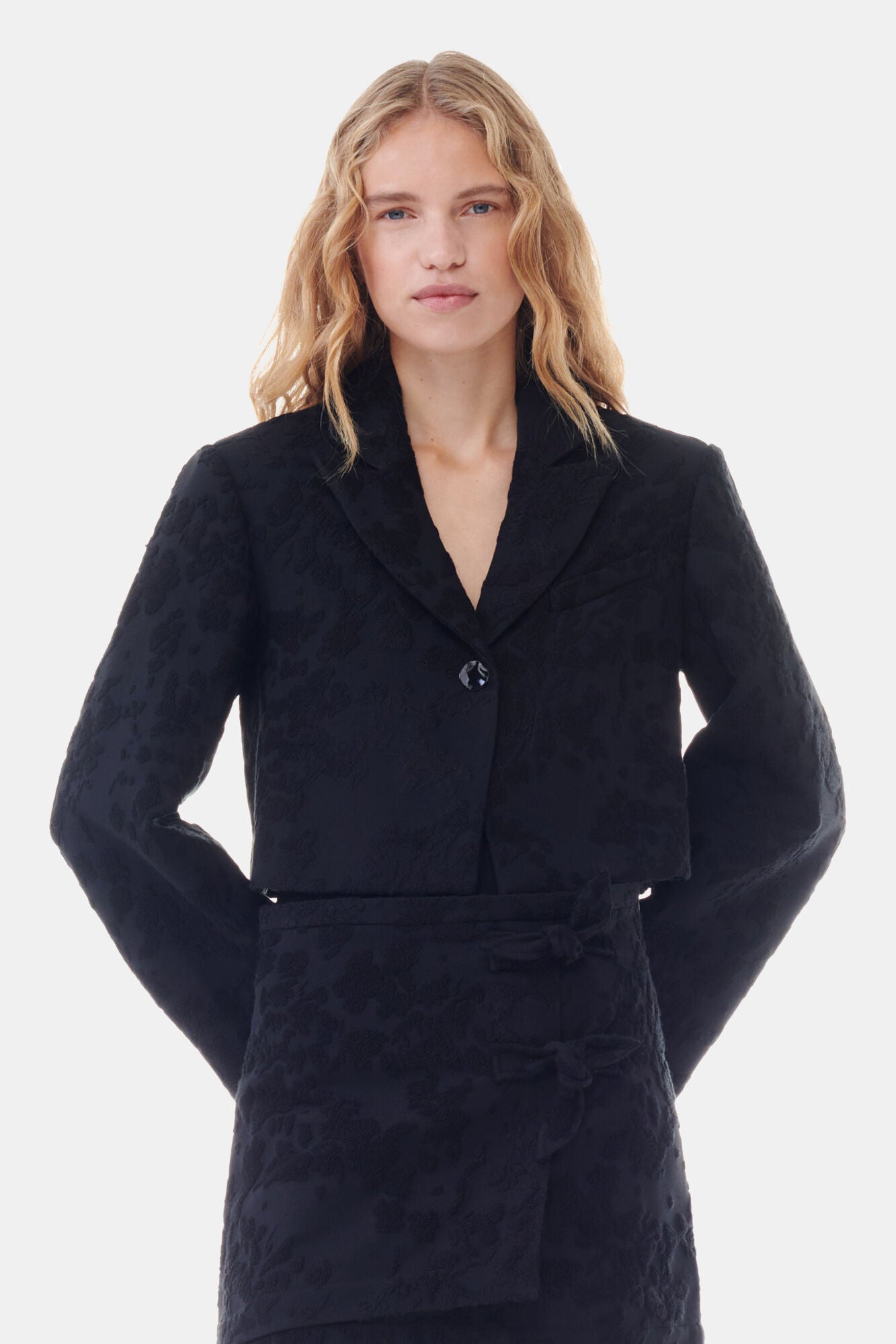 Black Boucle Jacquard Suiting Cropped Blazer Jackets &amp; Coats Ganni   