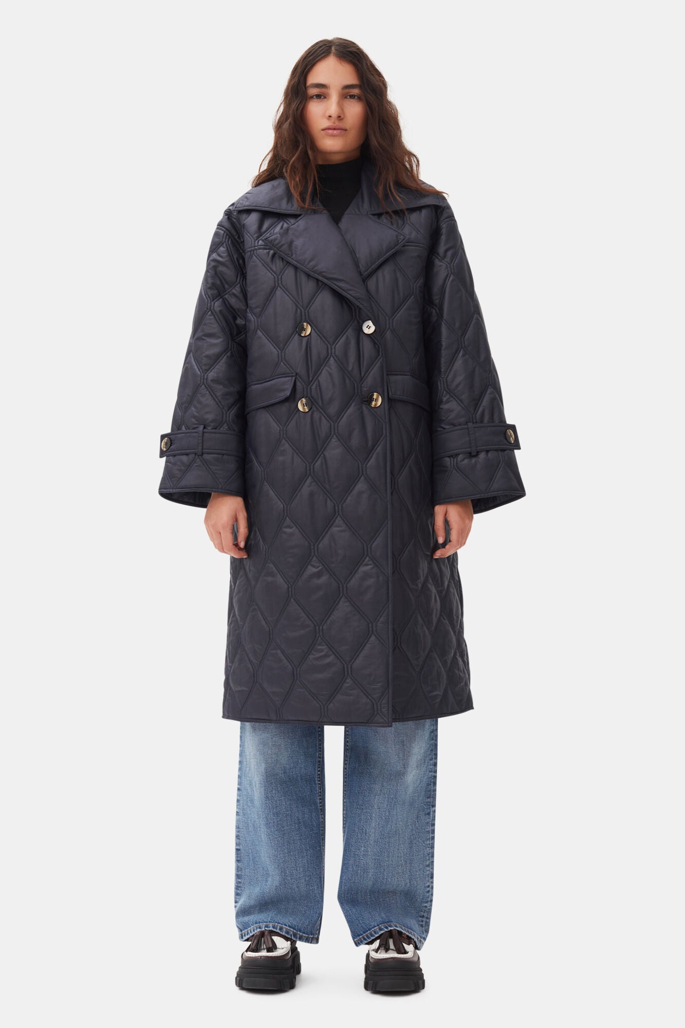 Dark Blue Shiny Quilt Coat Jackets & Coats Ganni   