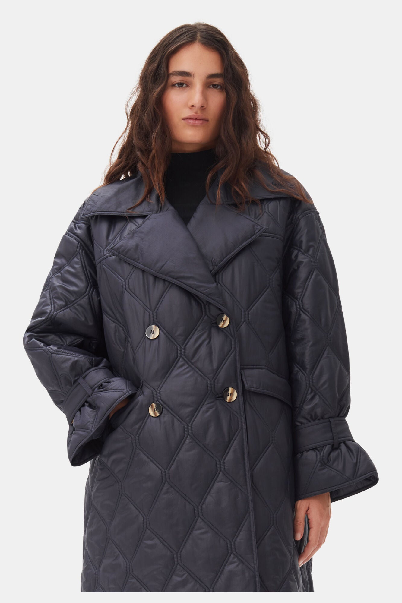 Dark Blue Shiny Quilt Coat Jackets & Coats Ganni   