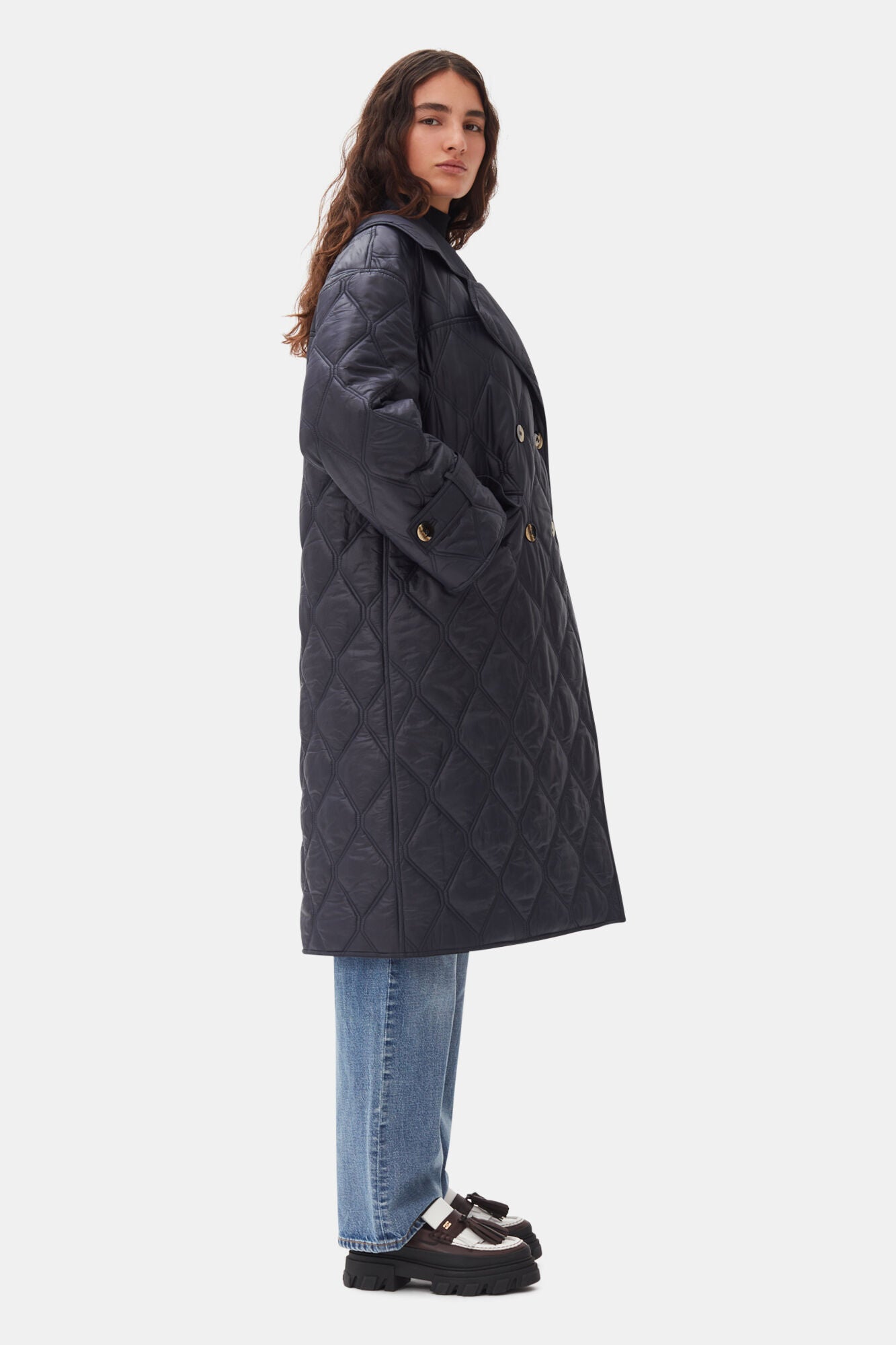 Dark Blue Shiny Quilt Coat Jackets & Coats Ganni   