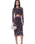 Black Floral Printed Mesh Ruched Midi Skirt Skirts Ganni   