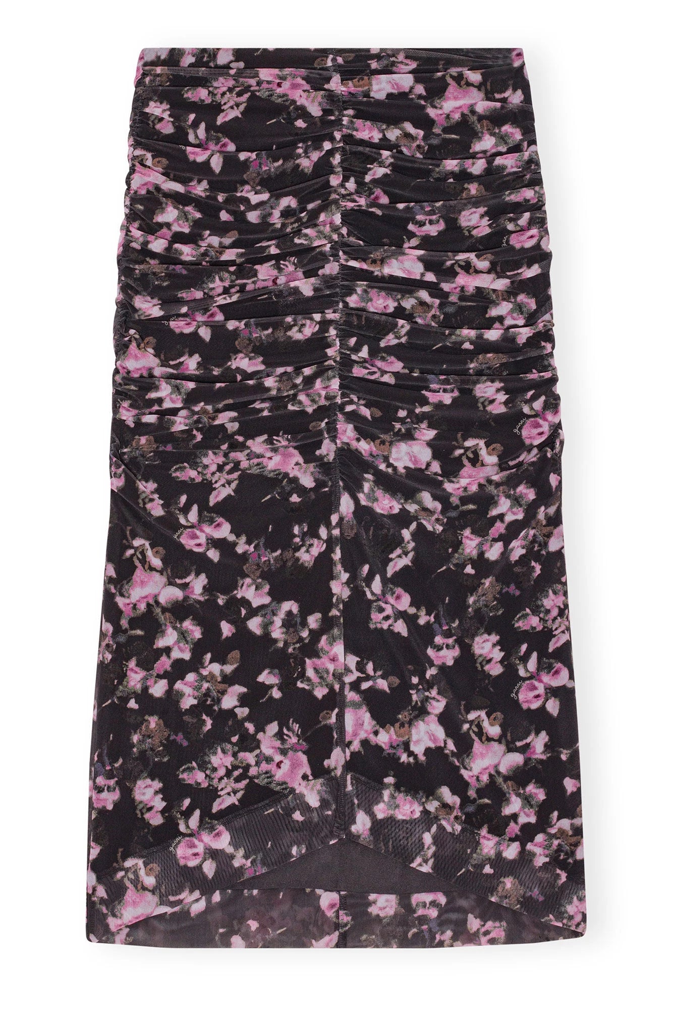 Black Floral Printed Mesh Ruched Midi Skirt Skirts & Dresses Ganni   