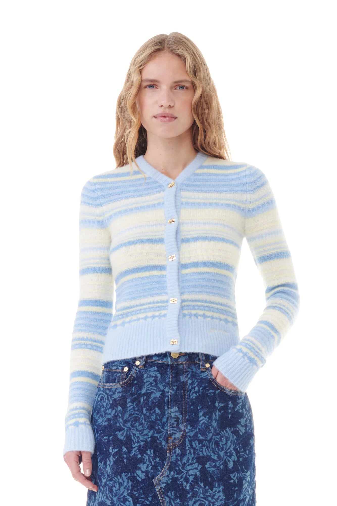 Blue Striped Soft Wool Cardigan Sweaters & Knits Ganni   