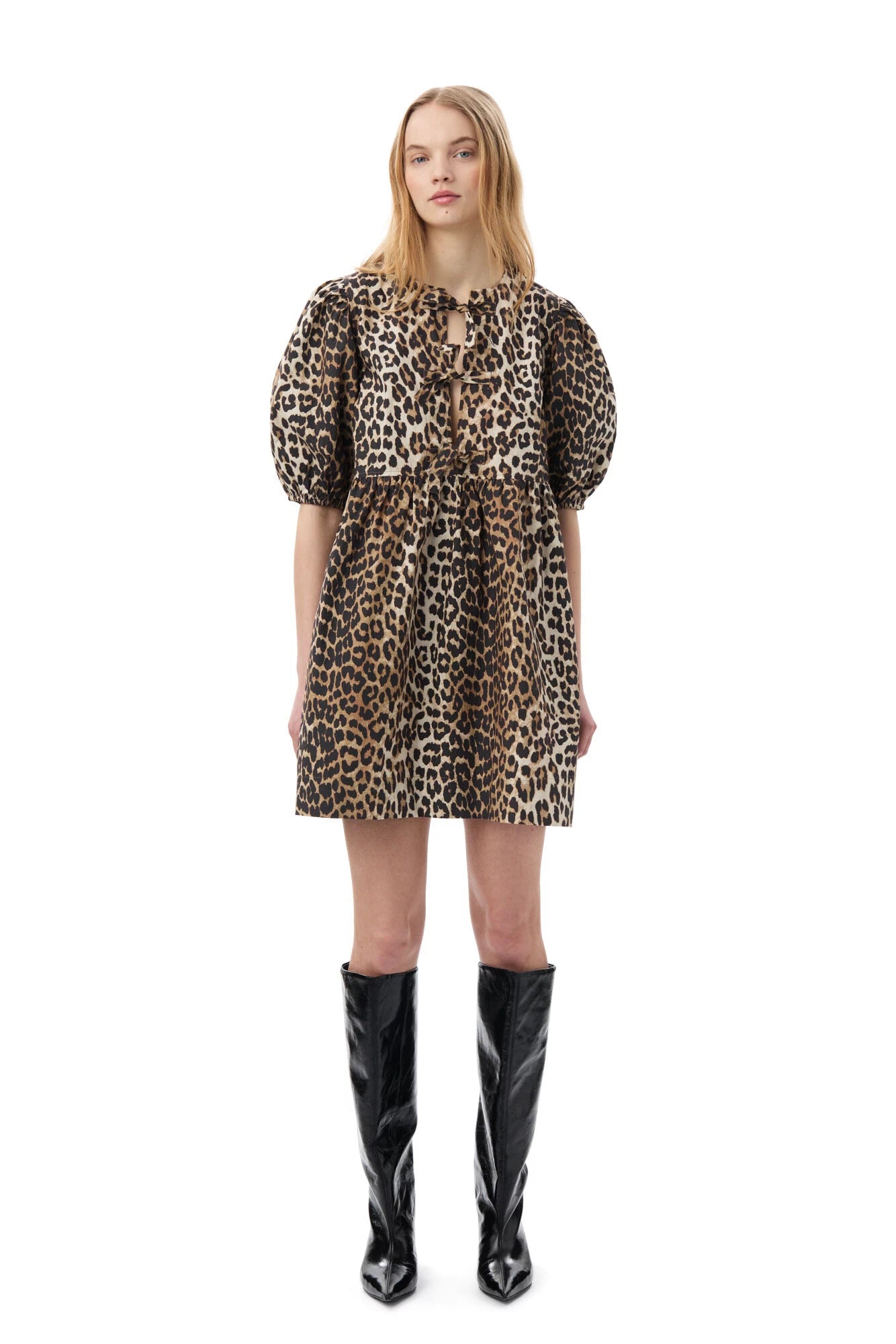 Leopard Printed Cotton Tie String Mini Dress  Dresses Ganni   