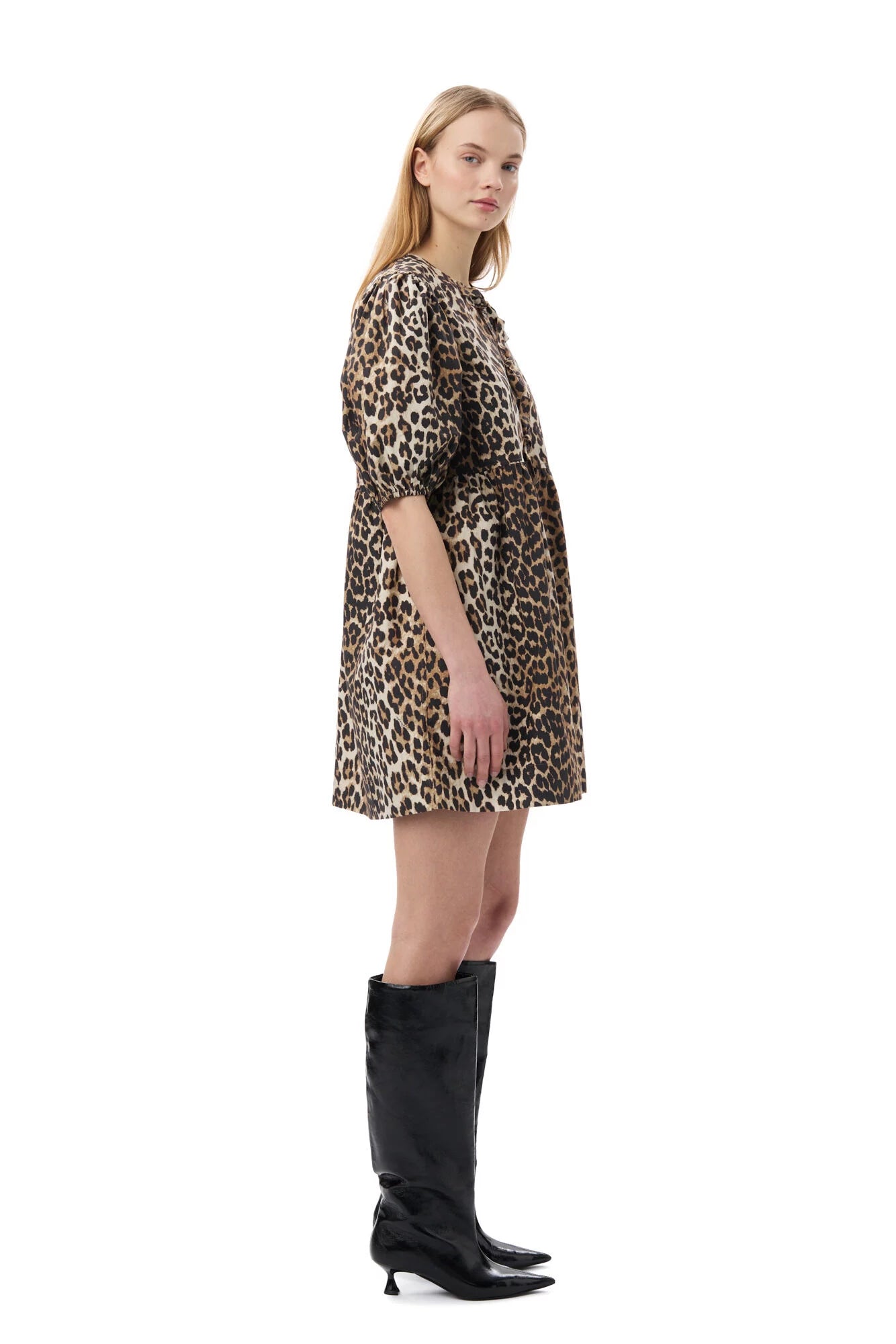 Leopard Printed Cotton Tie String Mini Dress  Dresses Ganni   