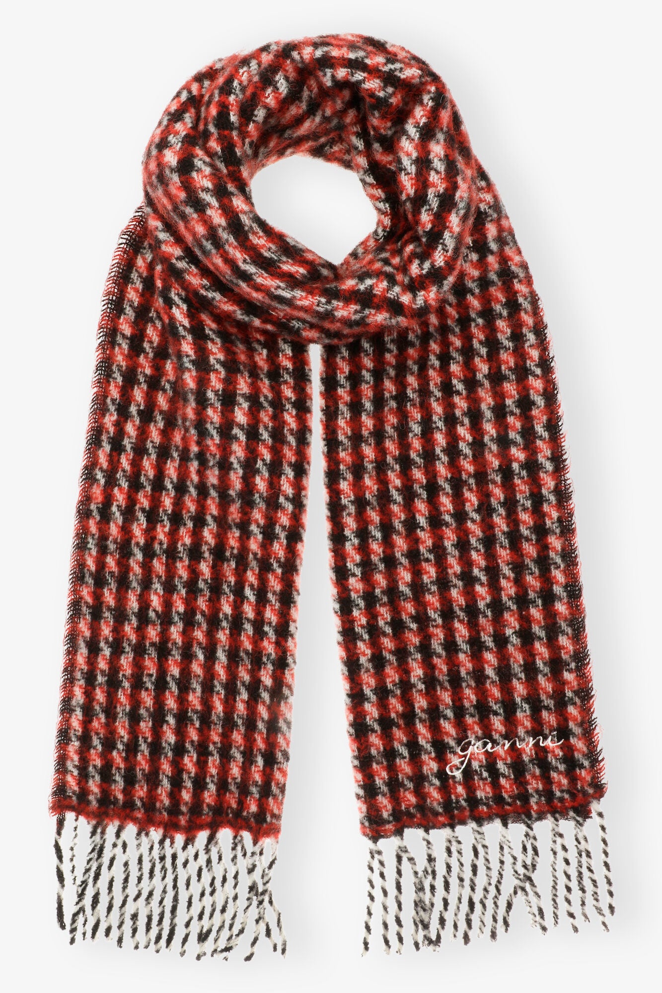 Red Check Fringed Scarf Accessories Ganni   