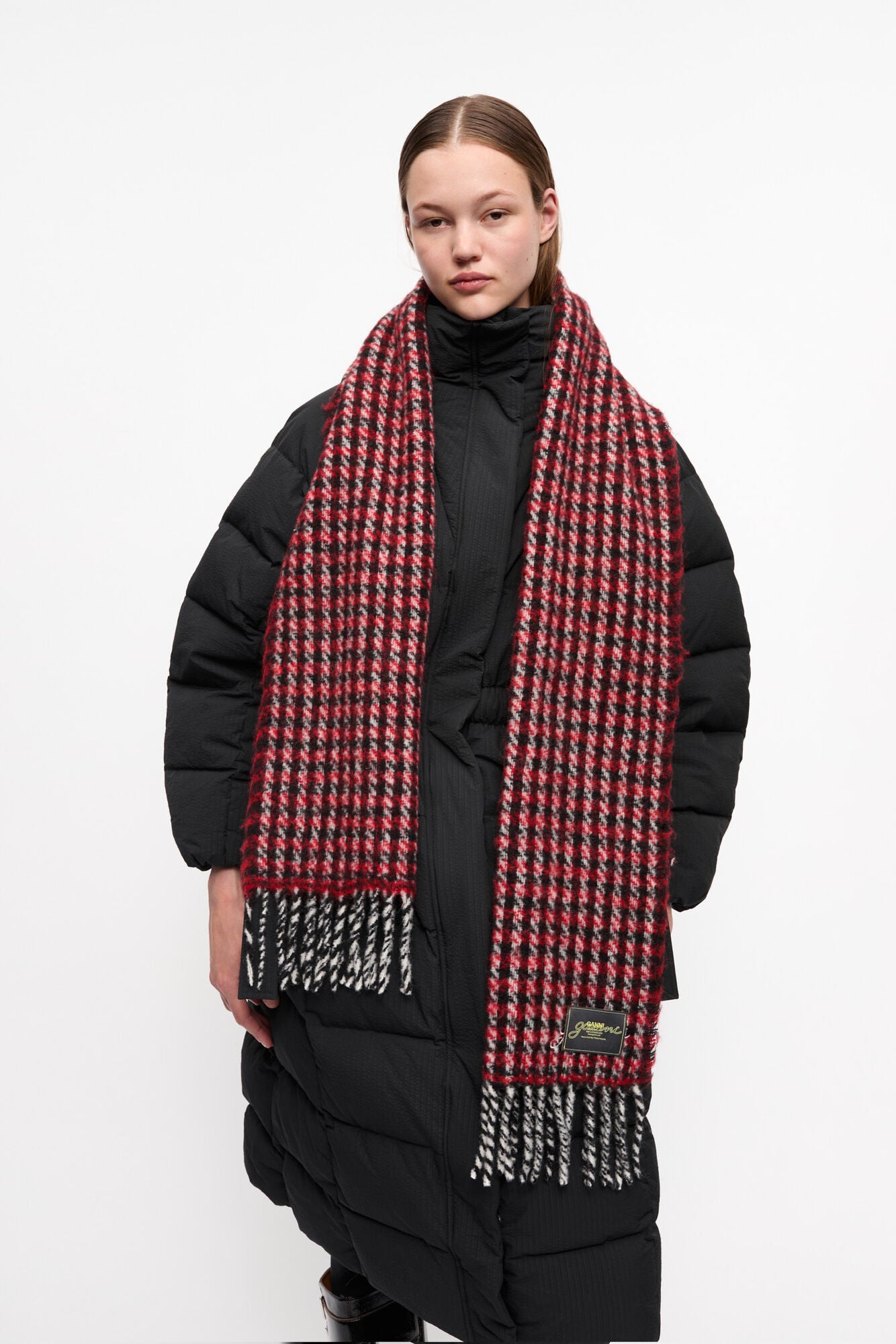 Red Check Fringed Scarf Accessories Ganni   