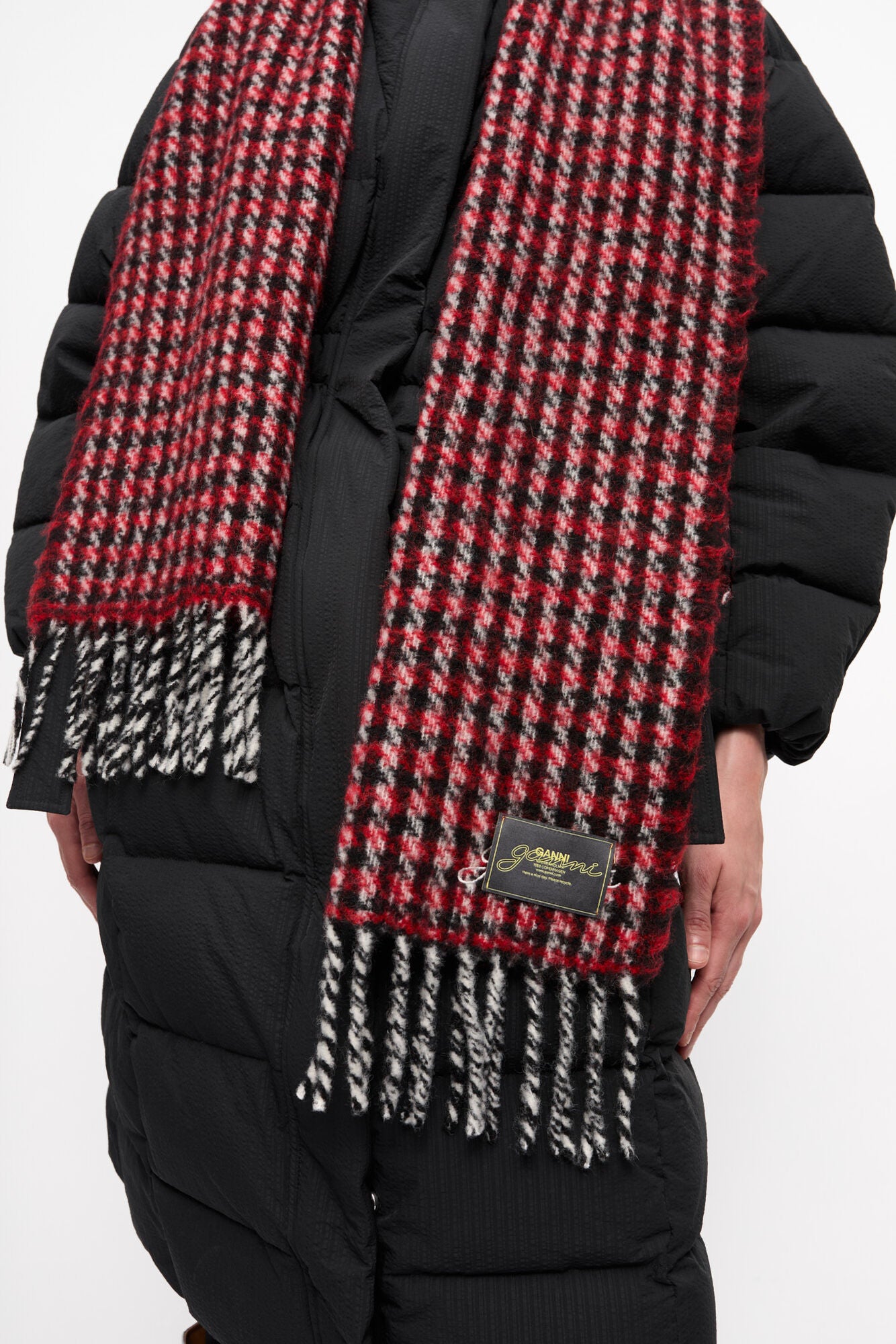 Red Check Fringed Scarf Accessories Ganni   