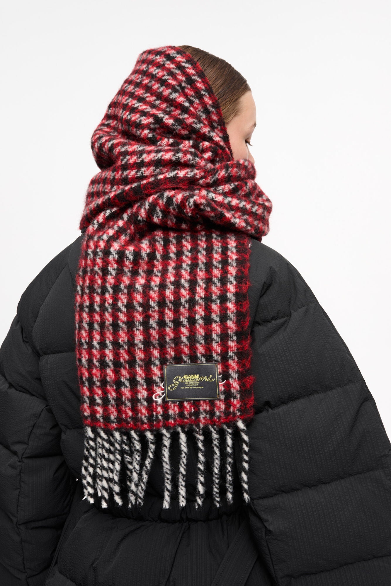 Red Check Fringed Scarf Accessories Ganni   