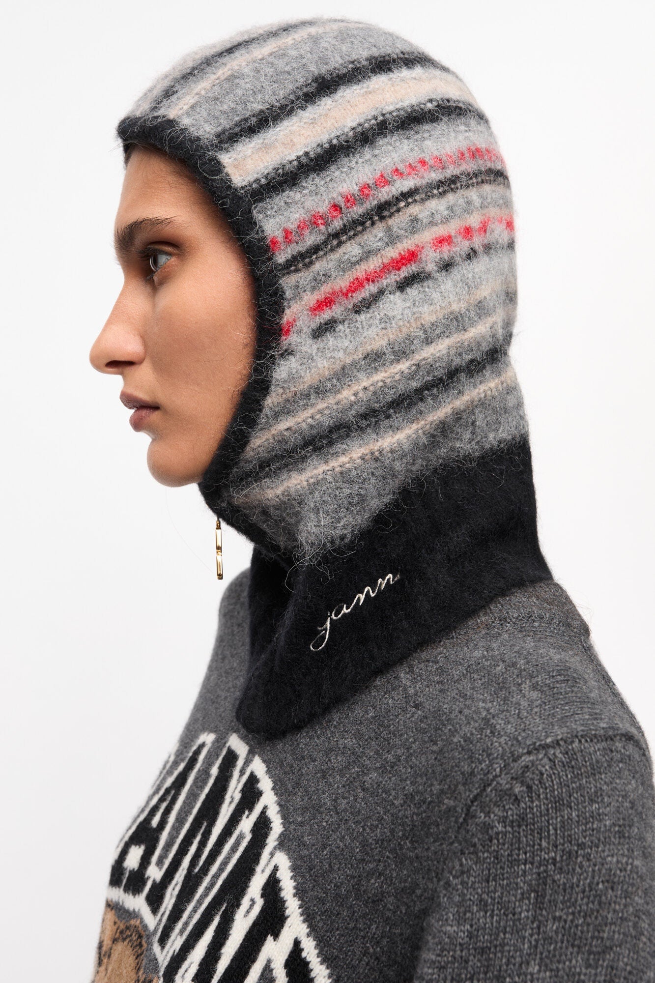 Grey Striped Soft Wool Balaclava Accessories Ganni   