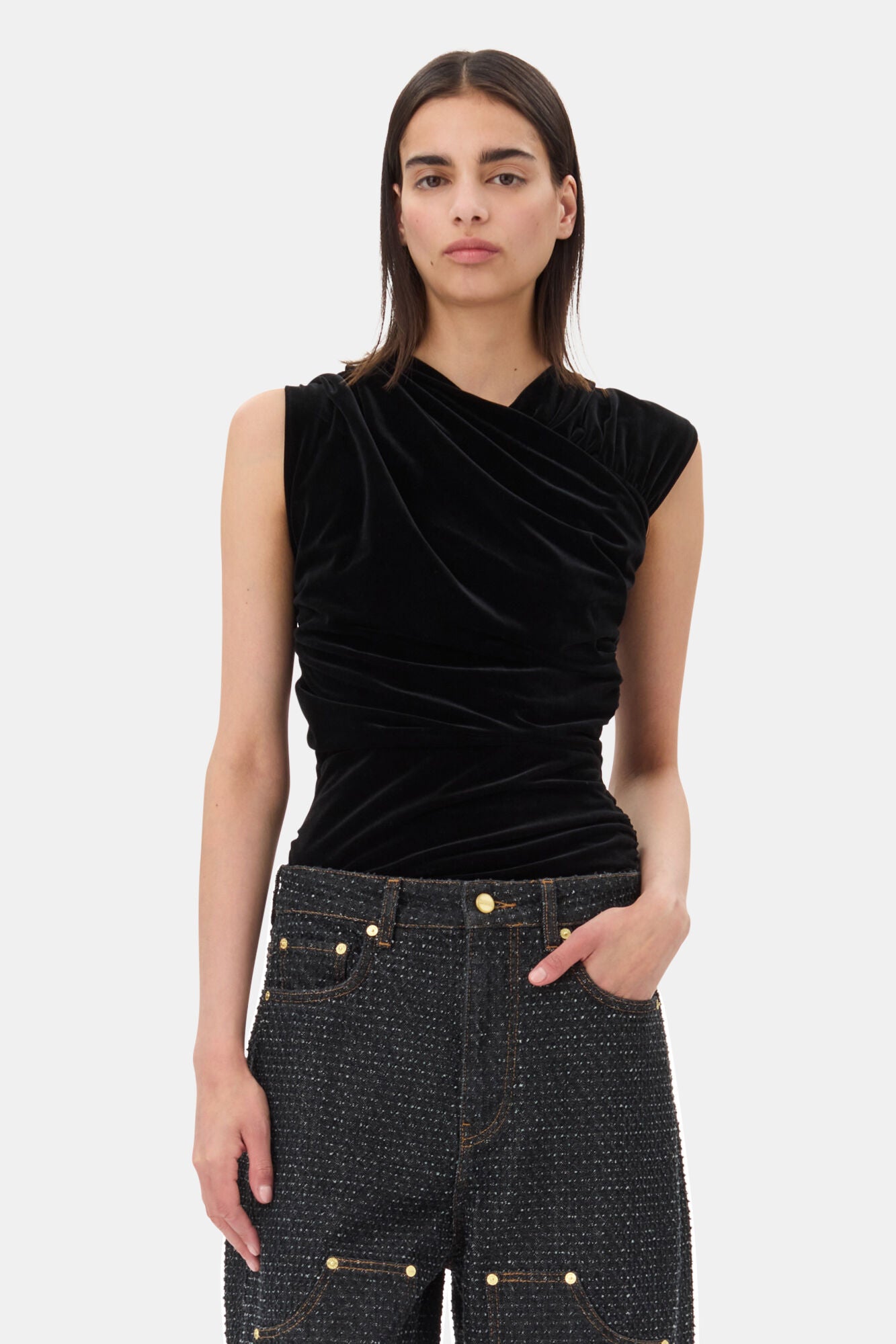 Black Velvet Ruched Top Tops Ganni   