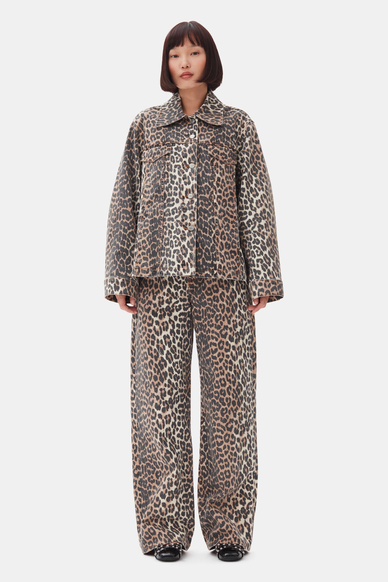 Leopard Printed Denim Jacket Jackets & Coats Ganni   