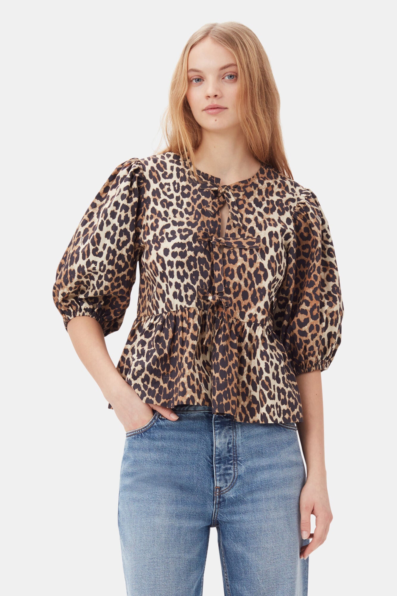 Leopard Cotton Poplin Peplum Tie Blouse Tops Ganni   