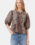 Leopard Cotton Poplin Peplum Tie Blouse Tops Ganni   