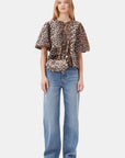 Leopard Cotton Poplin Peplum Tie Blouse Tops Ganni   