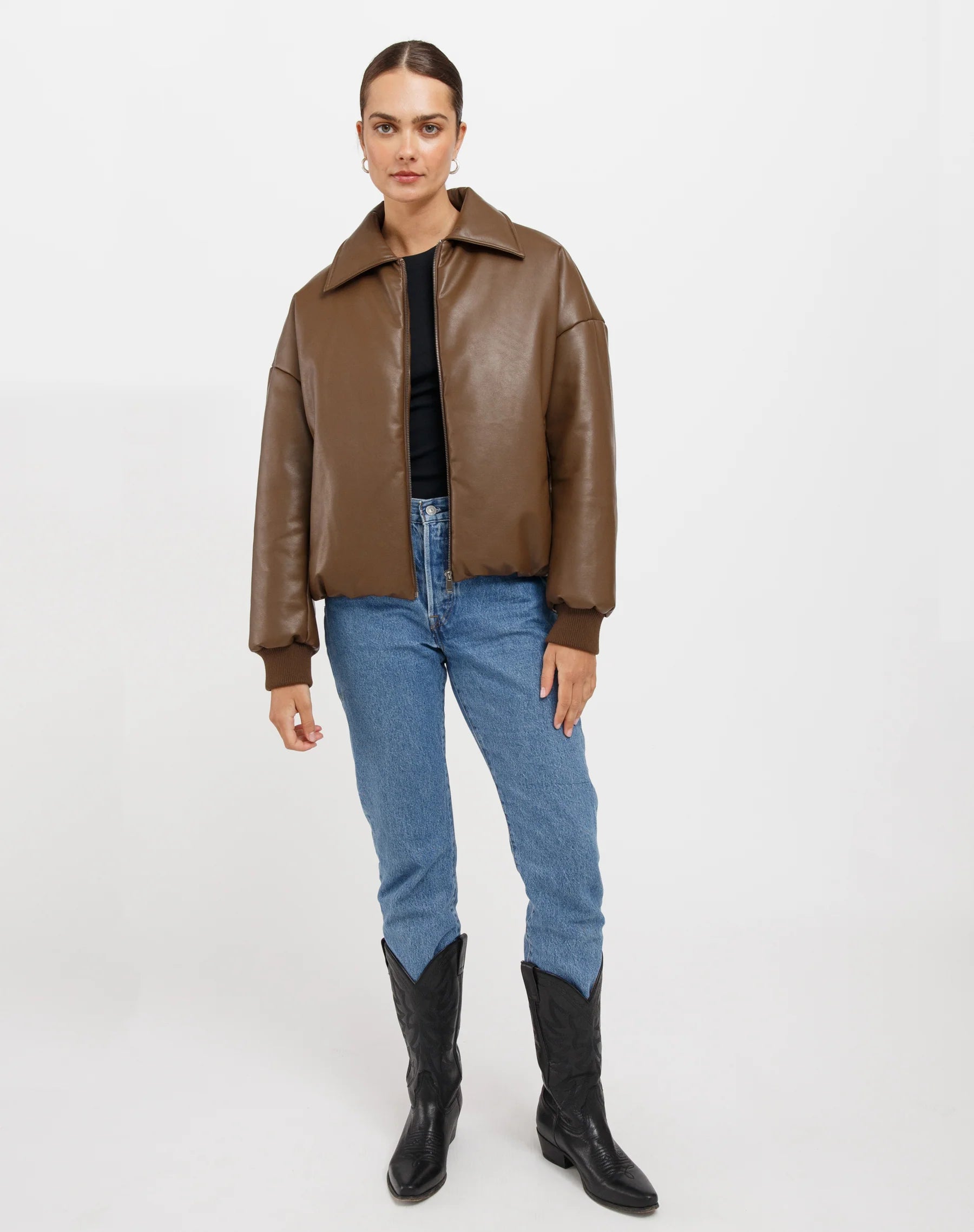 Miriam Vegan Leather Bomber Jackets & Coats Brunette the Label