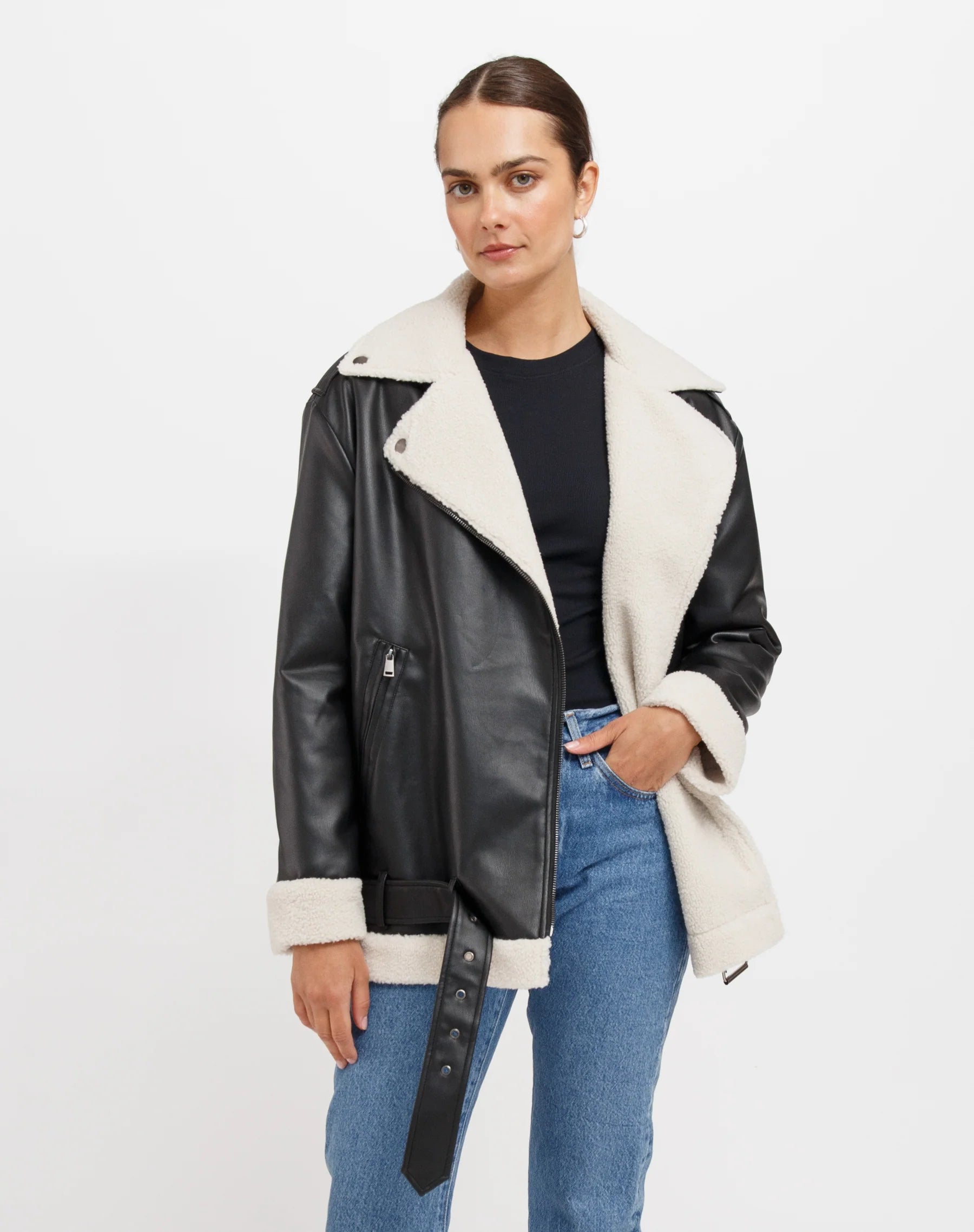 Florence Shearling Vegan Leather Jacket Jackets & Coats Brunette the Label