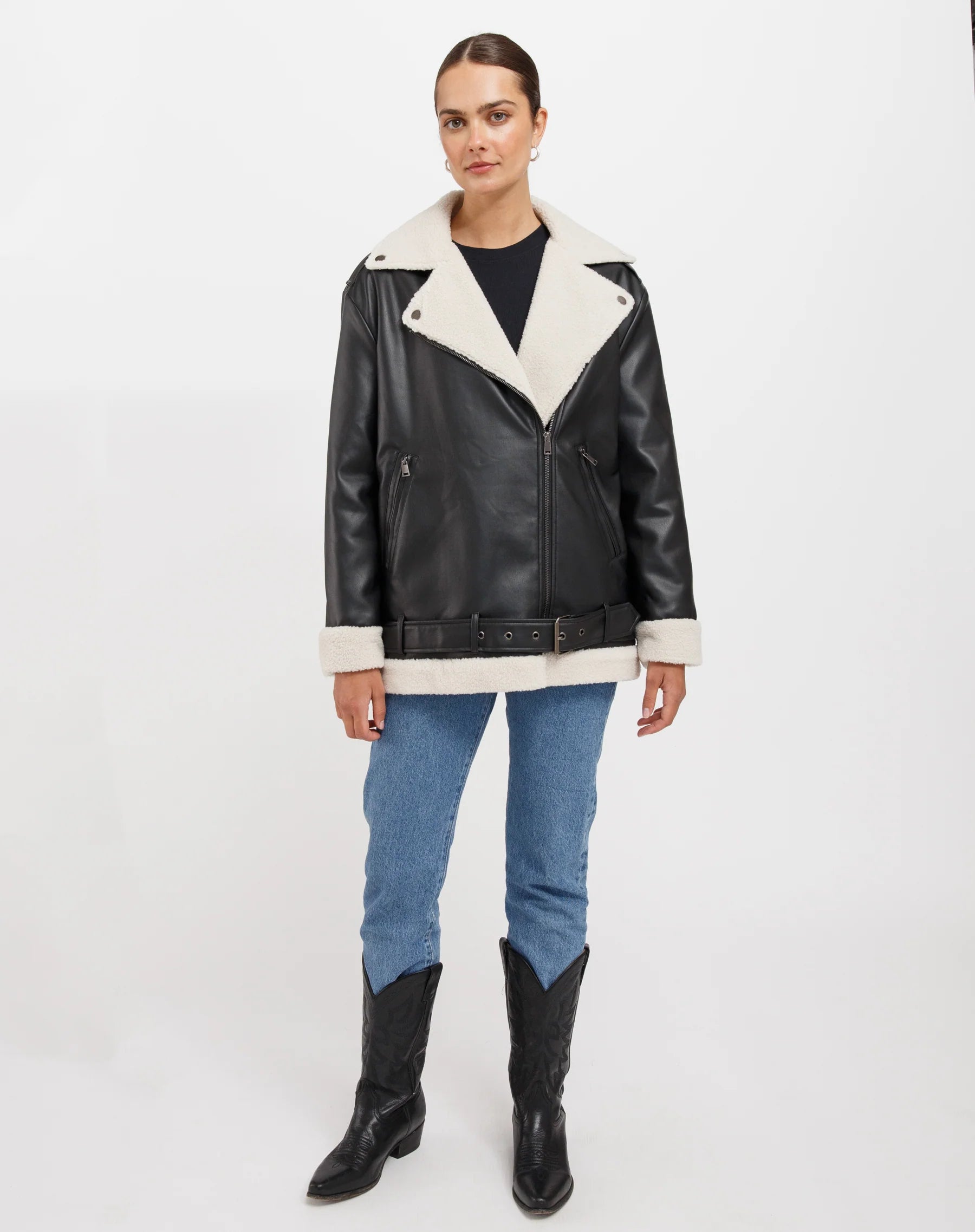 Florence Shearling Vegan Leather Jacket Jackets & Coats Brunette the Label