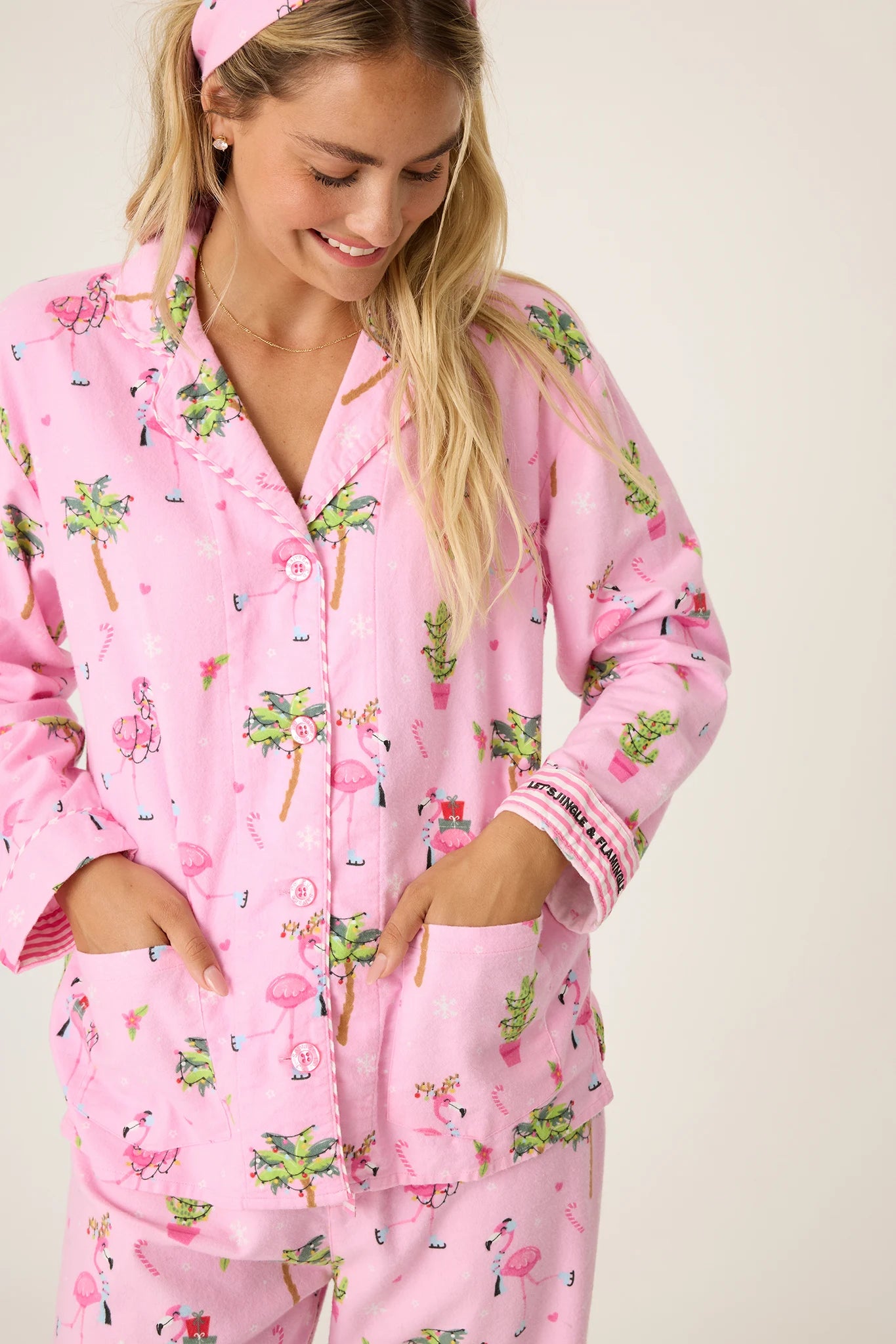 PJ Salvage Flamingo Flannel Pajama Set Pink Violet Small