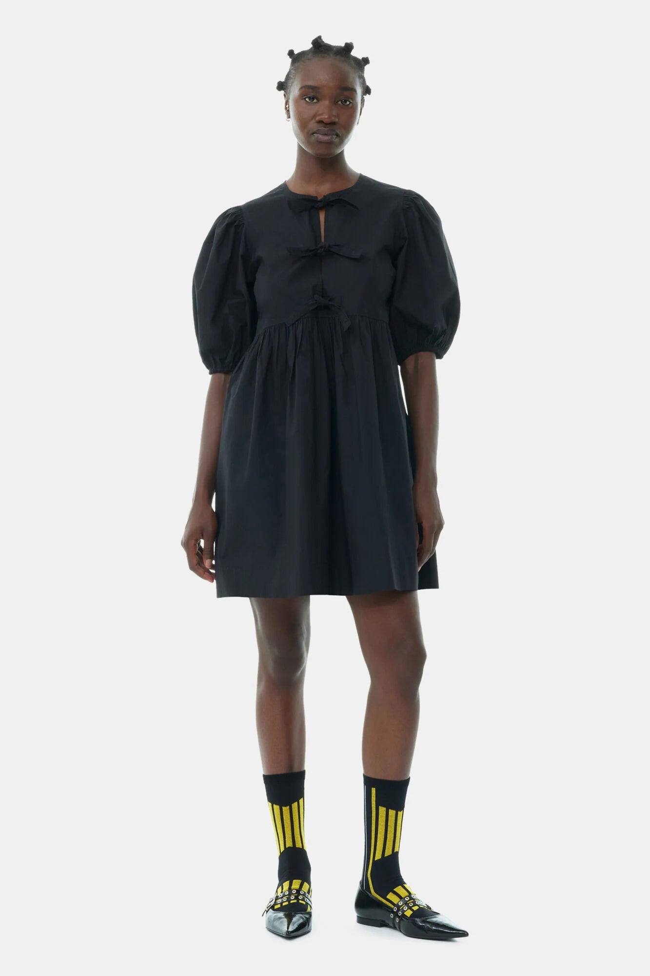 Black Cotton Poplin Tie String Mini Dress Dresses Ganni