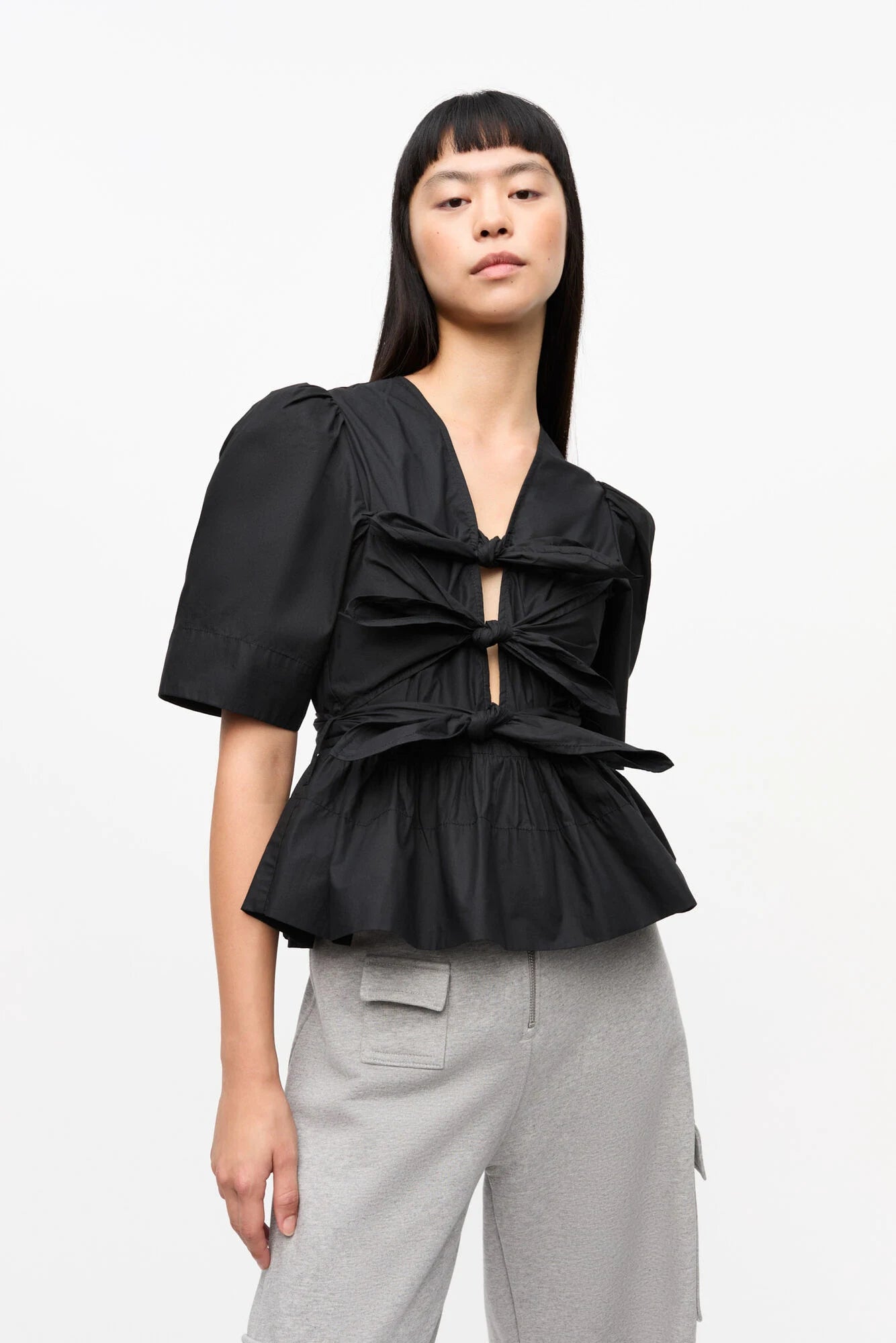 Black Stretch Cotton Tie Strap Blouse Tops Ganni