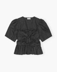 Black Stretch Cotton Tie Strap Blouse Tops Ganni