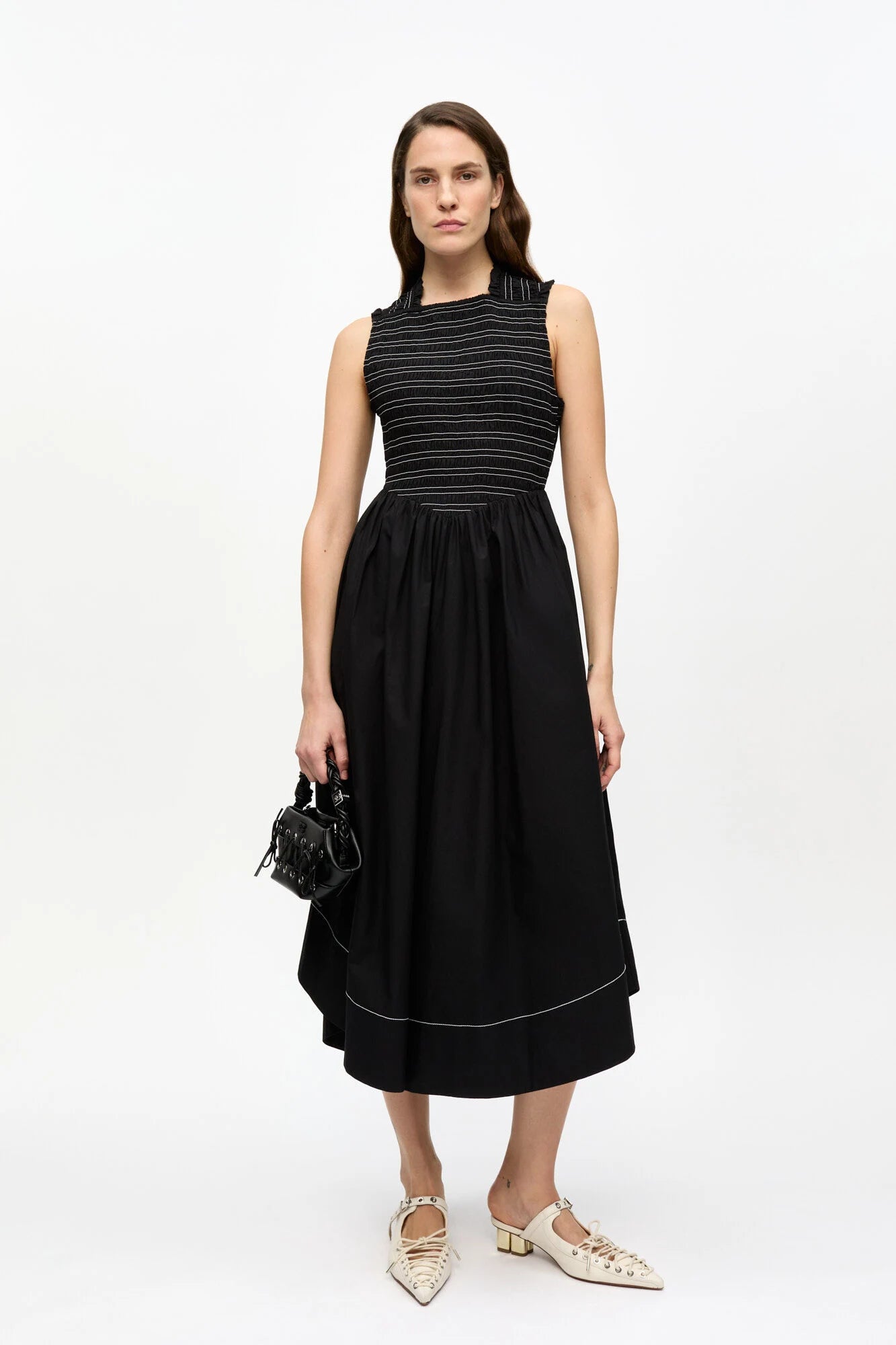 Black Washed Stretch Cotton Smock Midi Dress Dresses Ganni