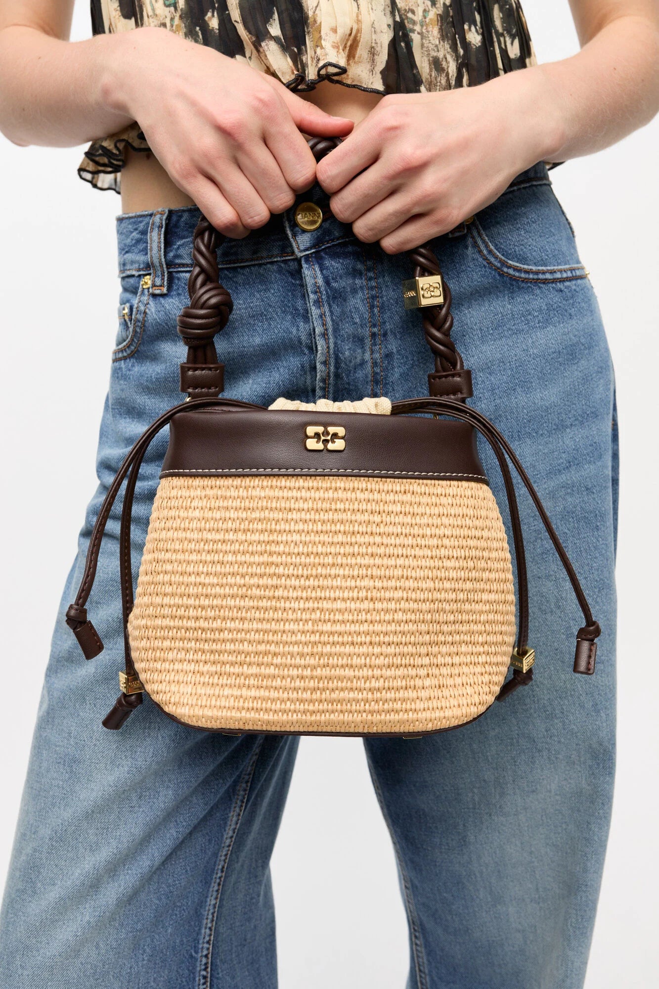 Brown GANNI Bou Bucket Bag Raffia Accessories Ganni