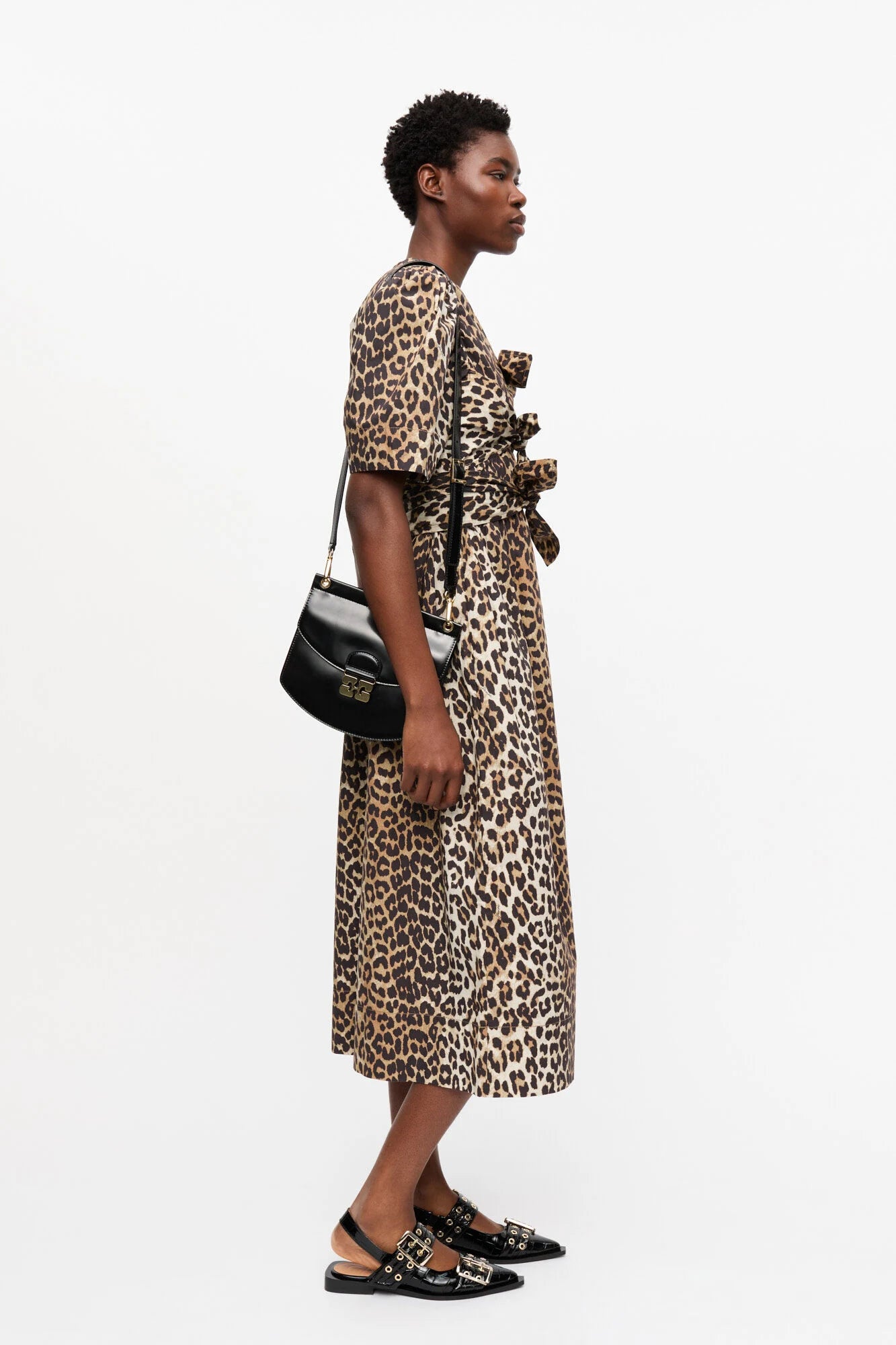 Leopard Printed Cotton Tie Strap Midi Dress Dresses Ganni