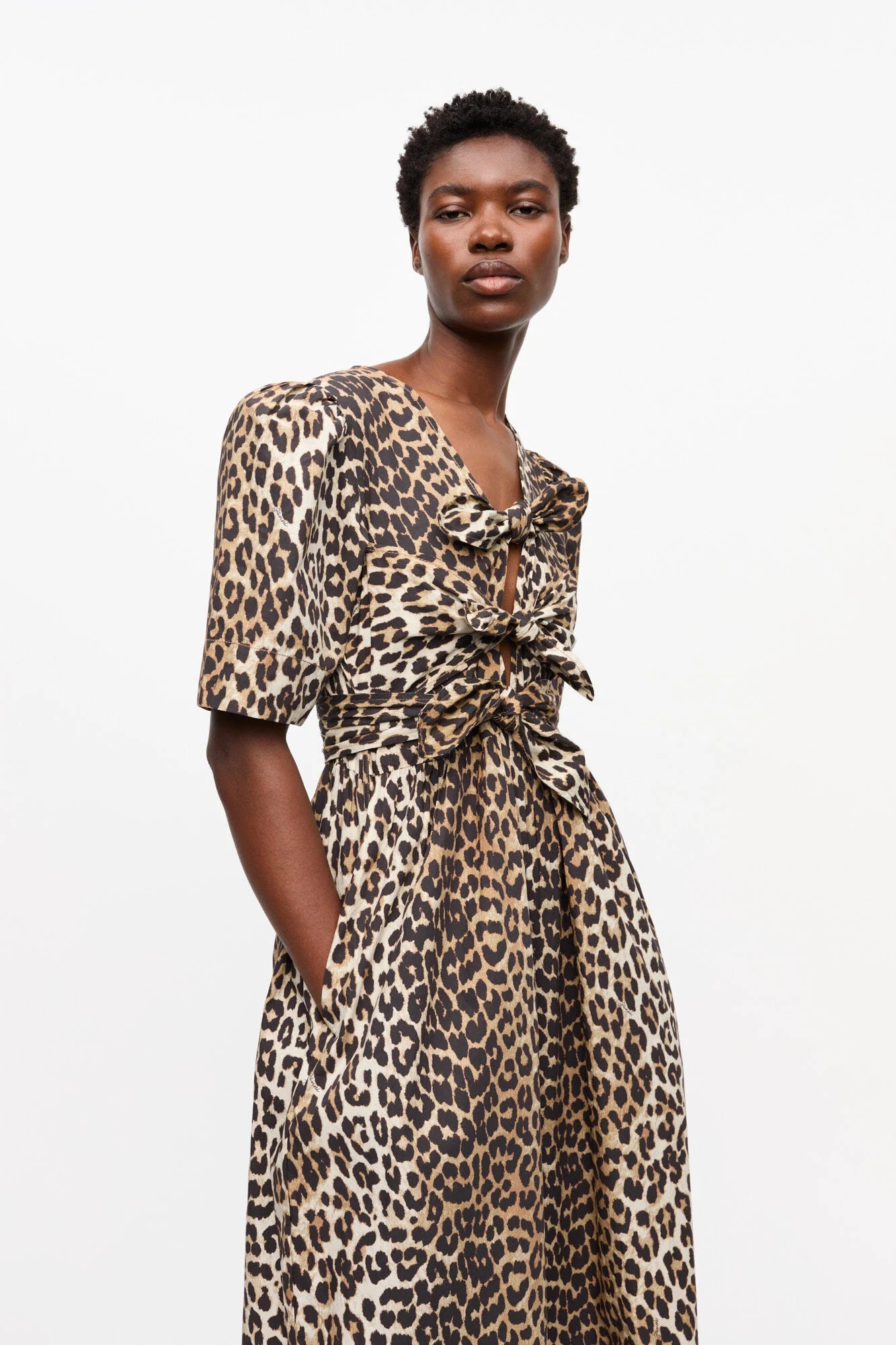 Leopard Printed Cotton Tie Strap Midi Dress Dresses Ganni