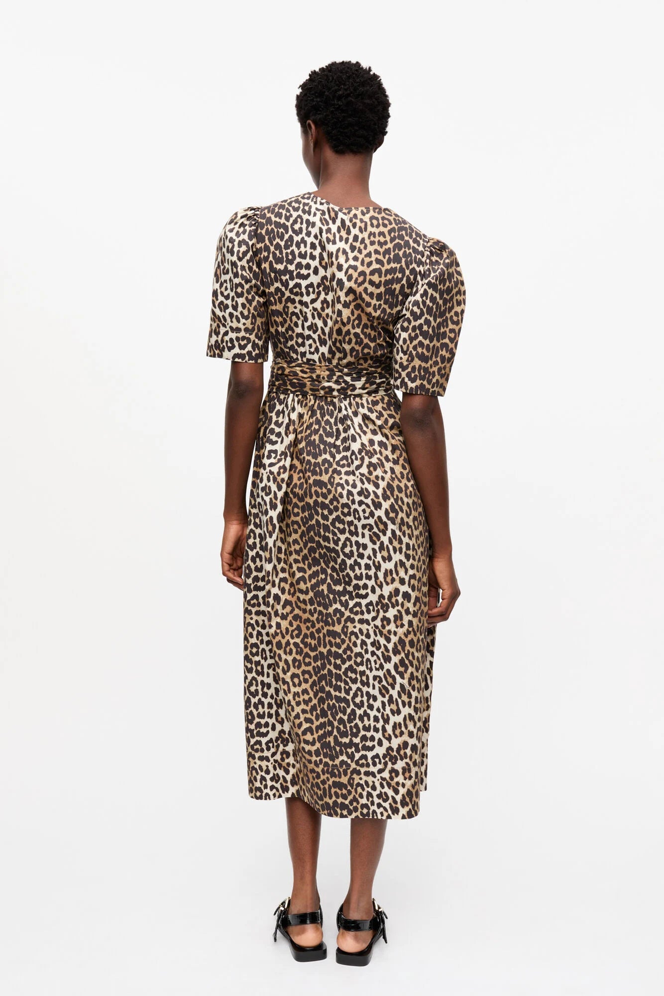 Leopard Printed Cotton Tie Strap Midi Dress Dresses Ganni