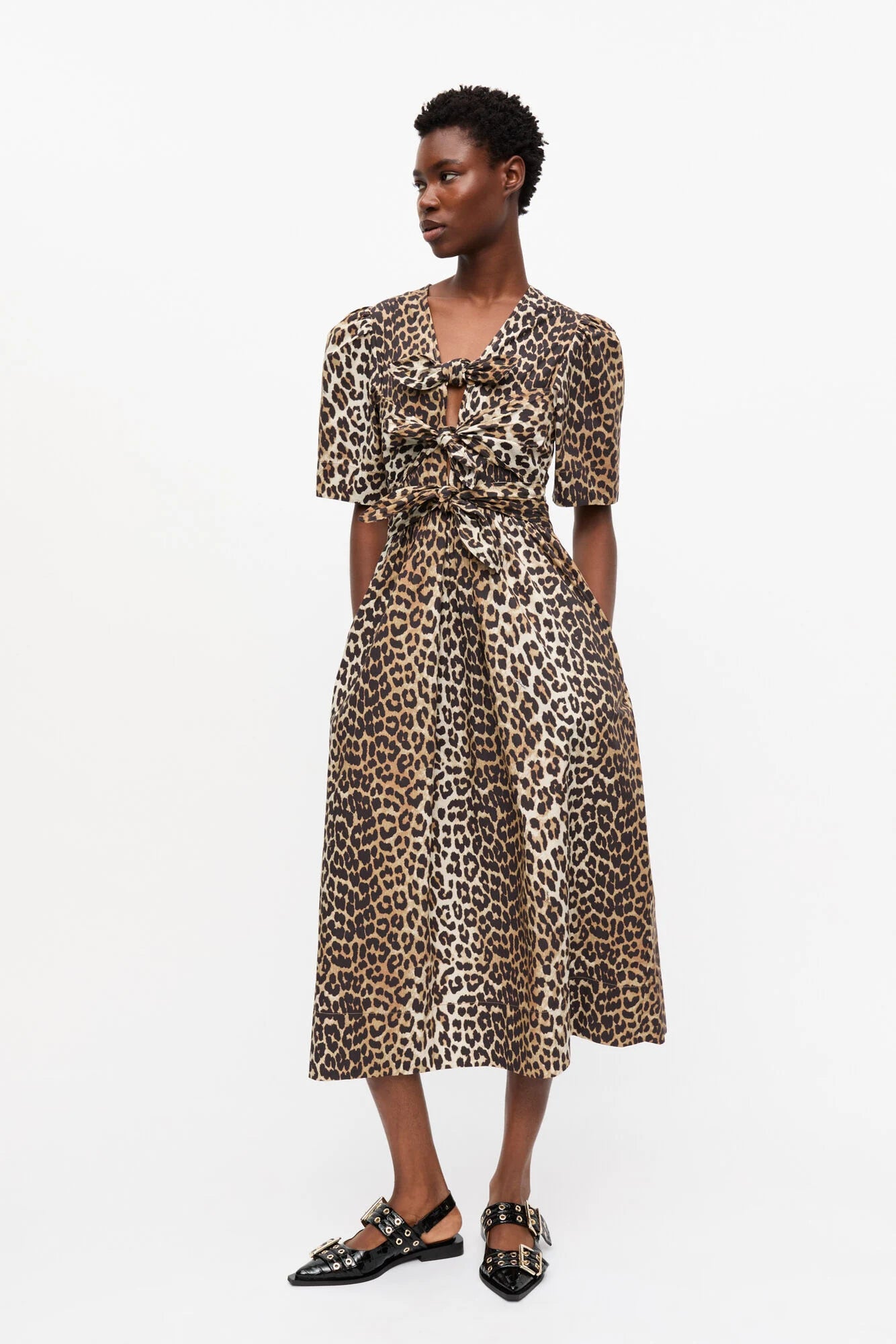 Leopard Printed Cotton Tie Strap Midi Dress Dresses Ganni