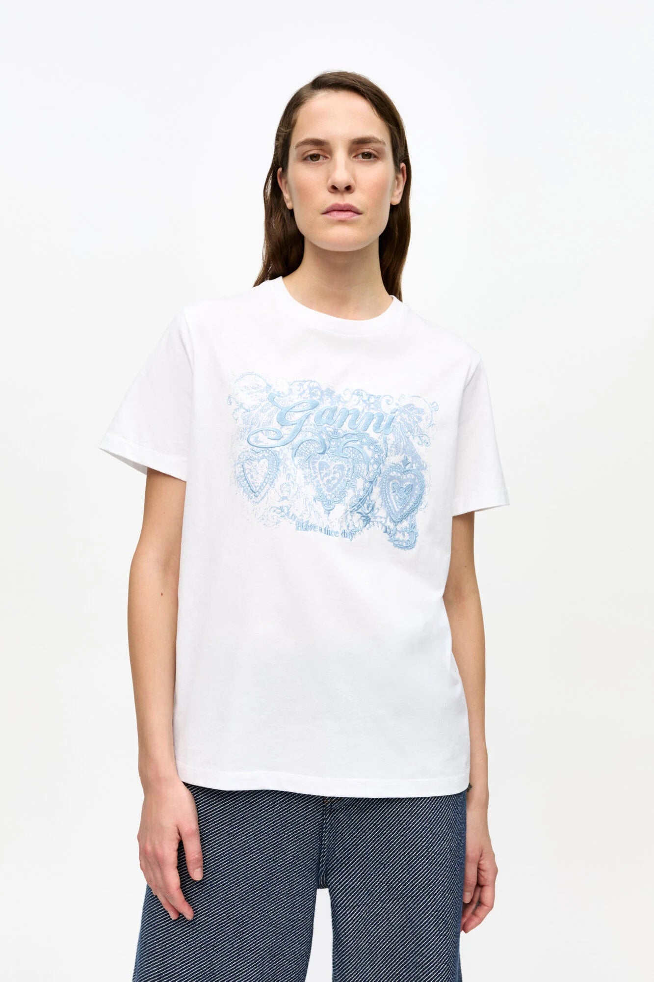 White Jersey Tattoo Lace T-shirt Tops Ganni